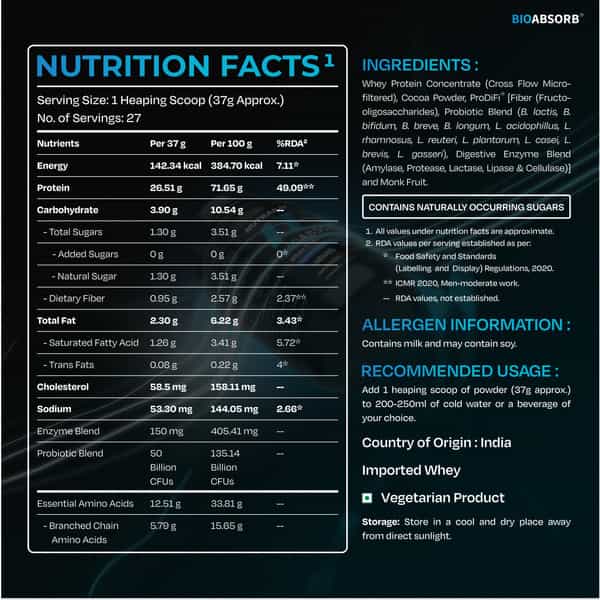 Nutrabay Bioabsorb Whey Protein Powder | Prodifi Blend | 26G Per Scoop | Dark Chocolate - 1Kg