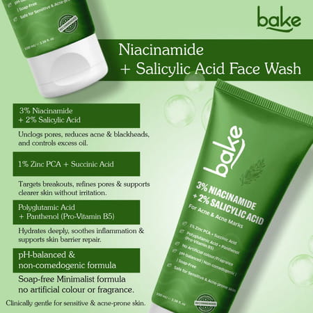 Bake 3% Niacinamide + 2% Salicylic Acid Face Wash For Acne | Marks & Oil Control - 100ml