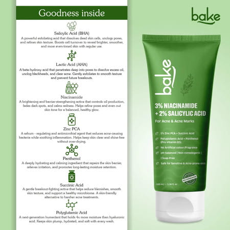 Bake 3% Niacinamide + 2% Salicylic Acid Face Wash For Acne | Marks & Oil Control - 100ml