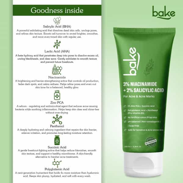 Bake 3% Niacinamide + 2% Salicylic Acid Face Wash For Acne | Marks & Oil Control - 100Ml