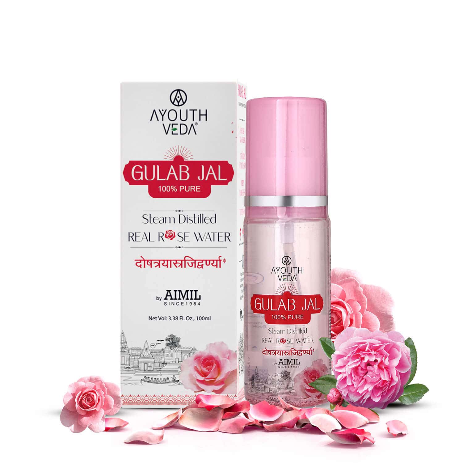 Ayouthveda Gulab Jal Steam Distilled Rose Water & Face Toner | Tighten Pores | Hydrates Skin 100 Ml