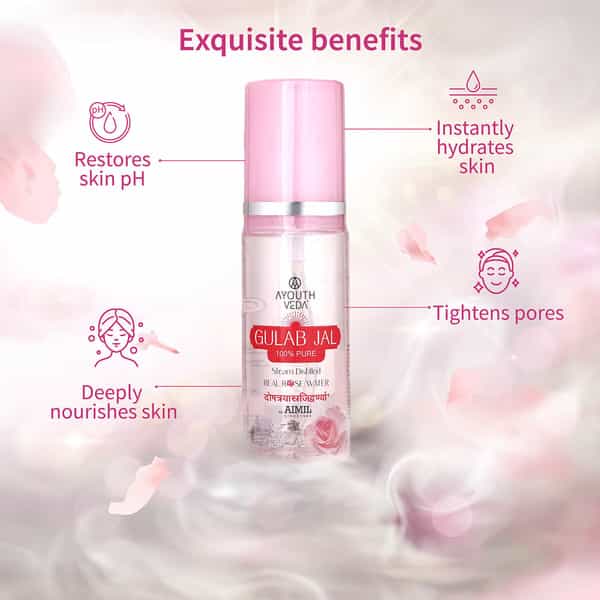 Ayouthveda Gulab Jal Steam Distilled Rose Water & Face Toner | Tighten Pores | Hydrates Skin 100 Ml