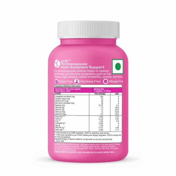 Arth Perimenopause Multi-Symptom Support |For Women | 30 Day Supplement Bottle Of 30 Veg Capsules