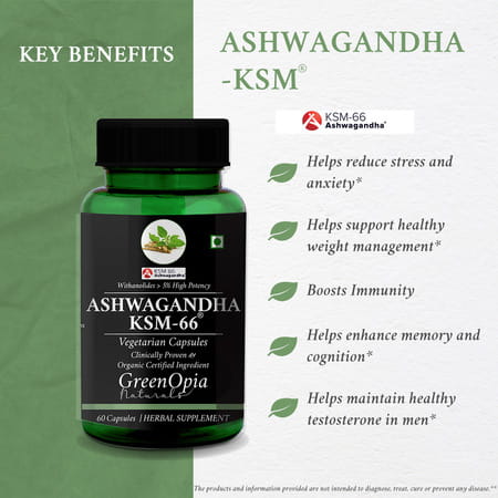 Greenopia Ashwagandha Ksm 60 Vegetarian Capsules | With Ksm-66 Root Extract