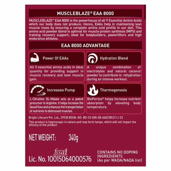 Muscleblaze Eaa 8000|8000Mg Eaas & 1000Mg Hydration Blend & 750Mg L-Citrulline|Razz Lemonade | 340G