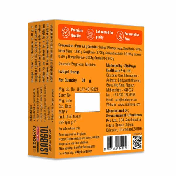 Baidyanath Asli Ayurved Orange Isabgol Psyllium Husk Powder 50Gm | Effectively Relieves Constipation