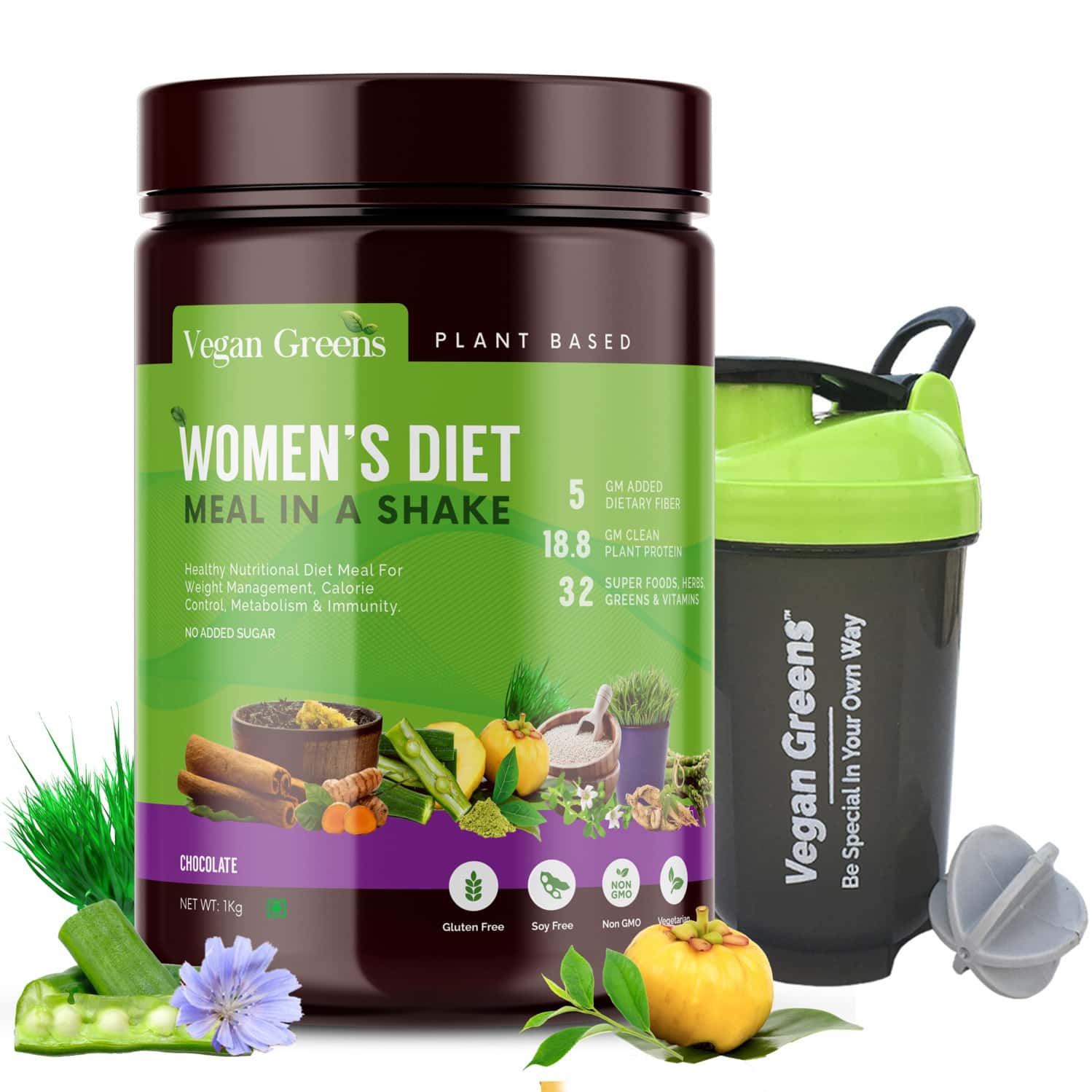 Vegan Greens Women Diet Meal In A Shake+ Ayurvedic Herbs. Meal Replacement (1kg | Chocolate+ Shaker)