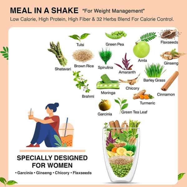 Vegan Greens Women Diet Meal In A Shake+ Ayurvedic Herbs. Meal Replacement (1Kg | Chocolate+ Shaker)