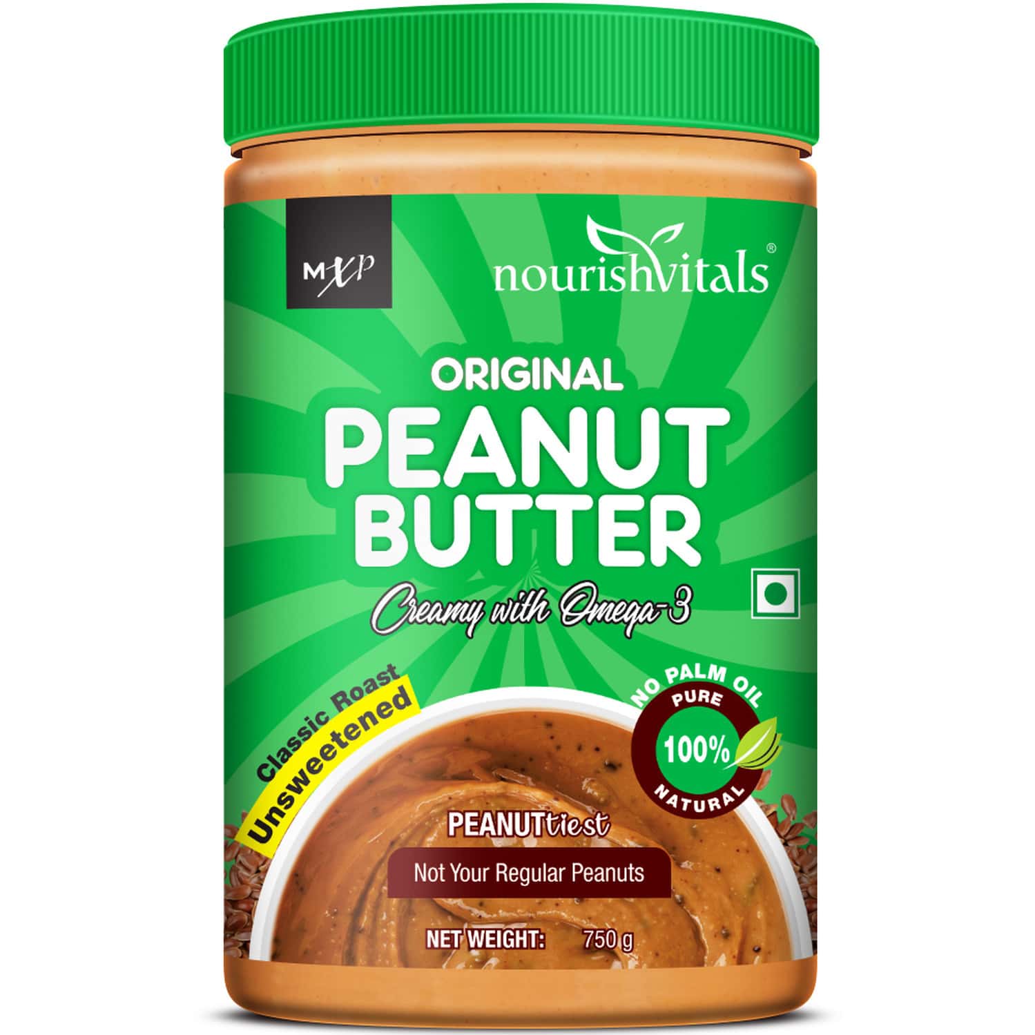 Nourishvitals Original Peanut Butter (Creamy) With Omega 3 Flaxseed, Classic Roast, Unsweetened|750g