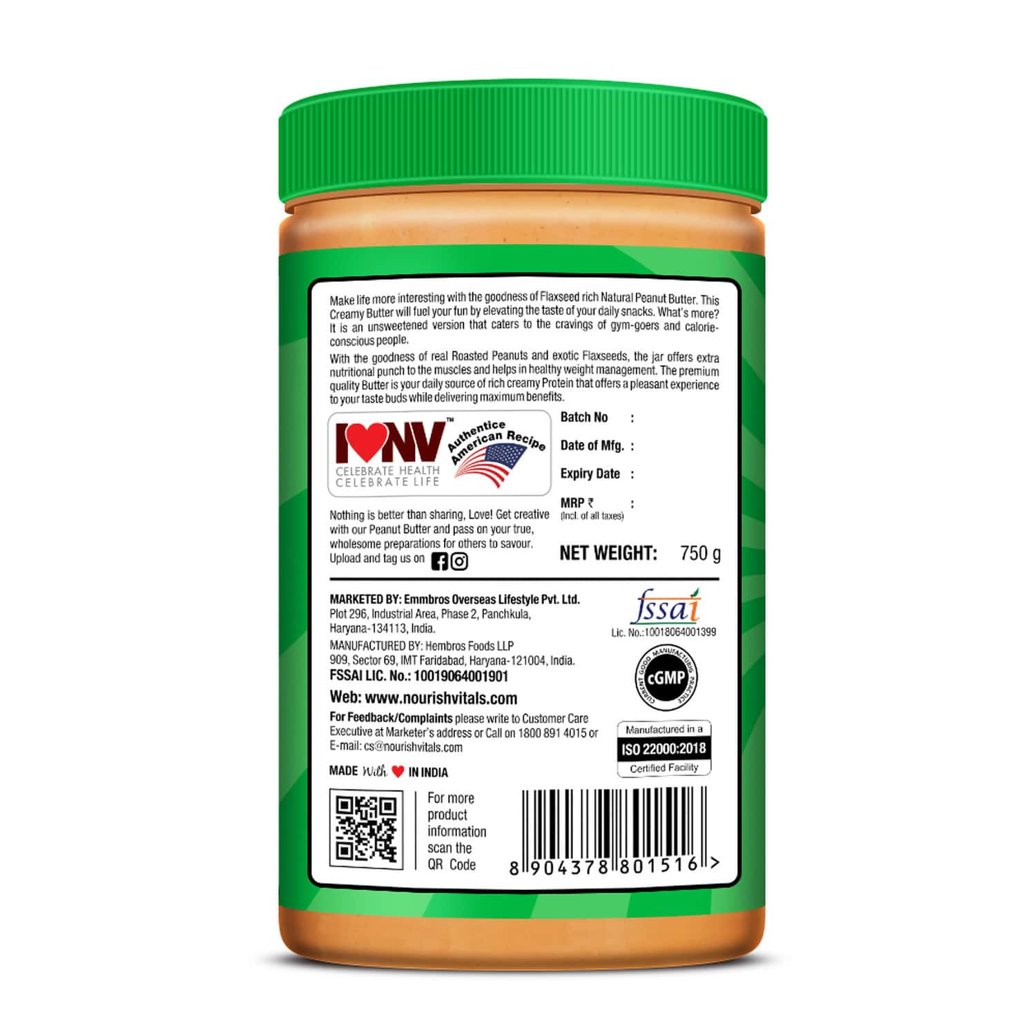 Buy NOURISHVITALS ORIGINAL PEANUT BUTTER (CREAMY) WITH OMEGA 3 FLAXSEED