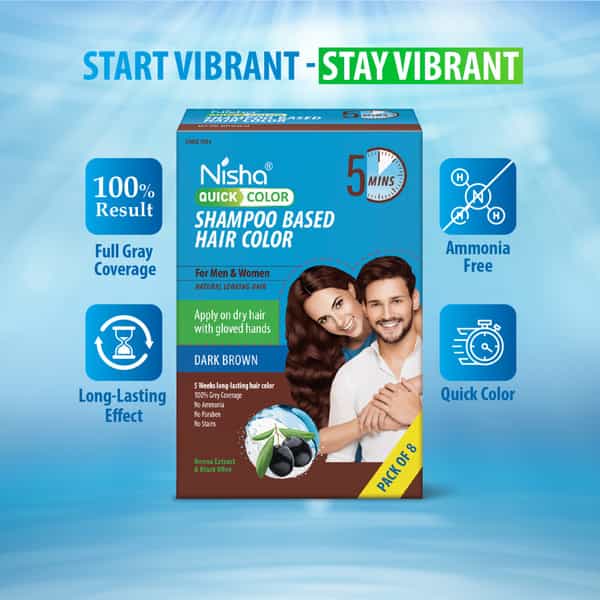 Nisha Quick Hair Color | 5 Minutes Shampoo Hair Colour Dark Brown 200Ml | 5 Weeks Long Lasting