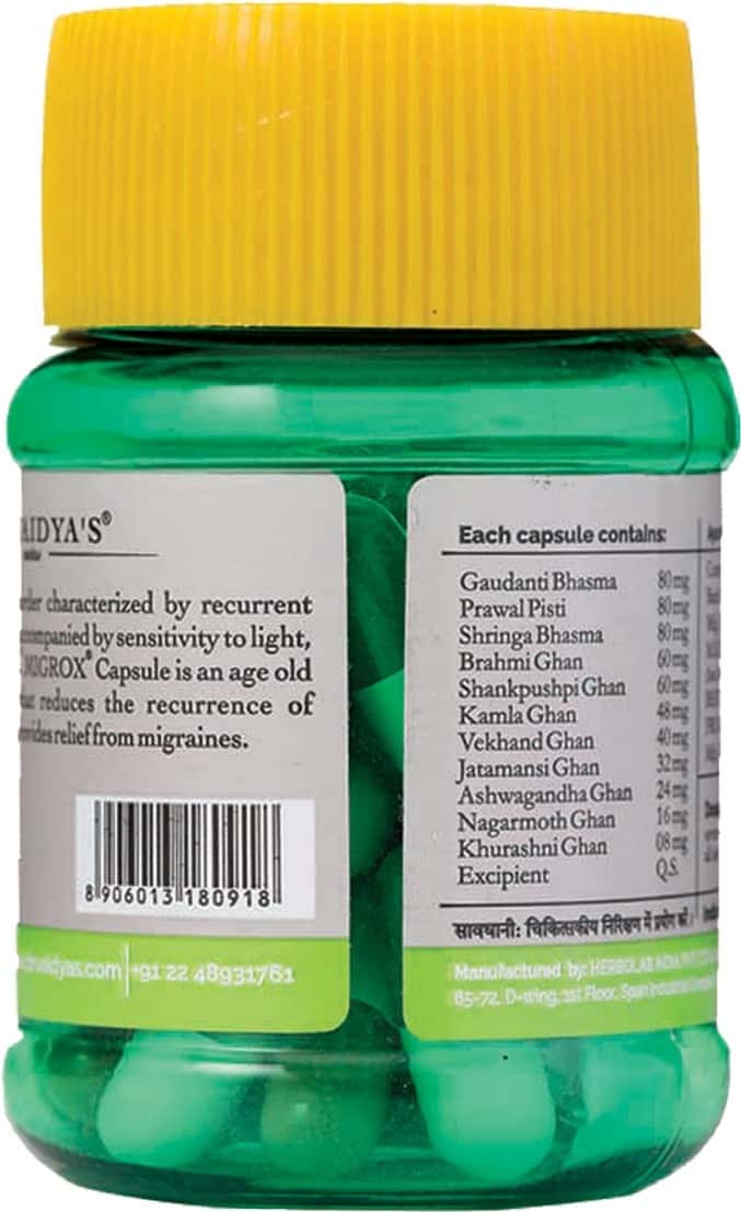 Buy DR. VAIDYA'S MIGROX CAPSULES AYURVEDIC HEADACHE & MIGRAINE MEDICINE