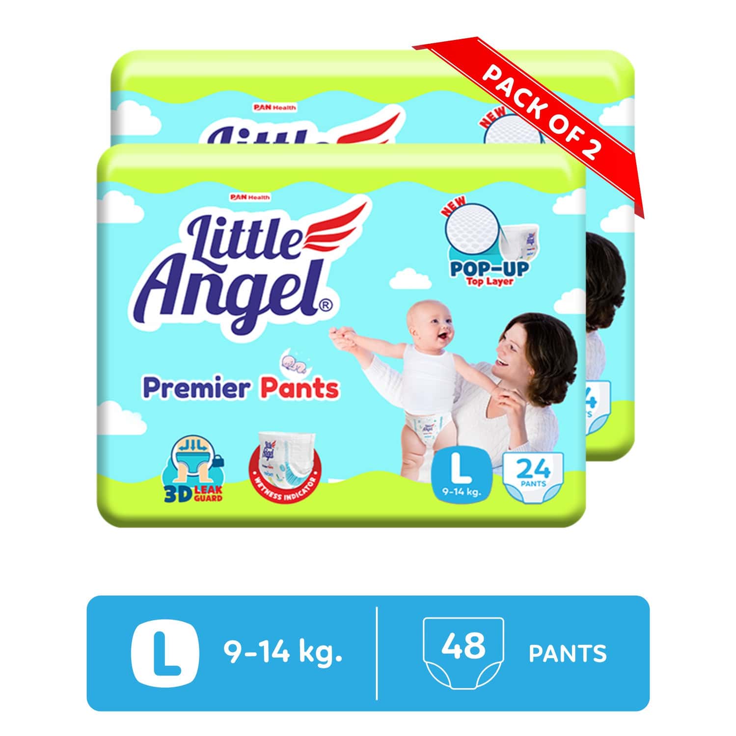 Little Angel Premier Pants Baby Diapers Large (L) Size 48 Count Pack Of 2 24 Count/Pack 9-14 Kg