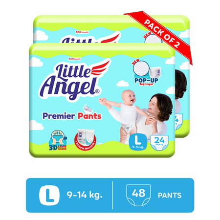 Little Angel Premier Pants Baby Diapers Large (L) Size 48 Count Pack Of 2 24 Count/Pack 9-14 Kg