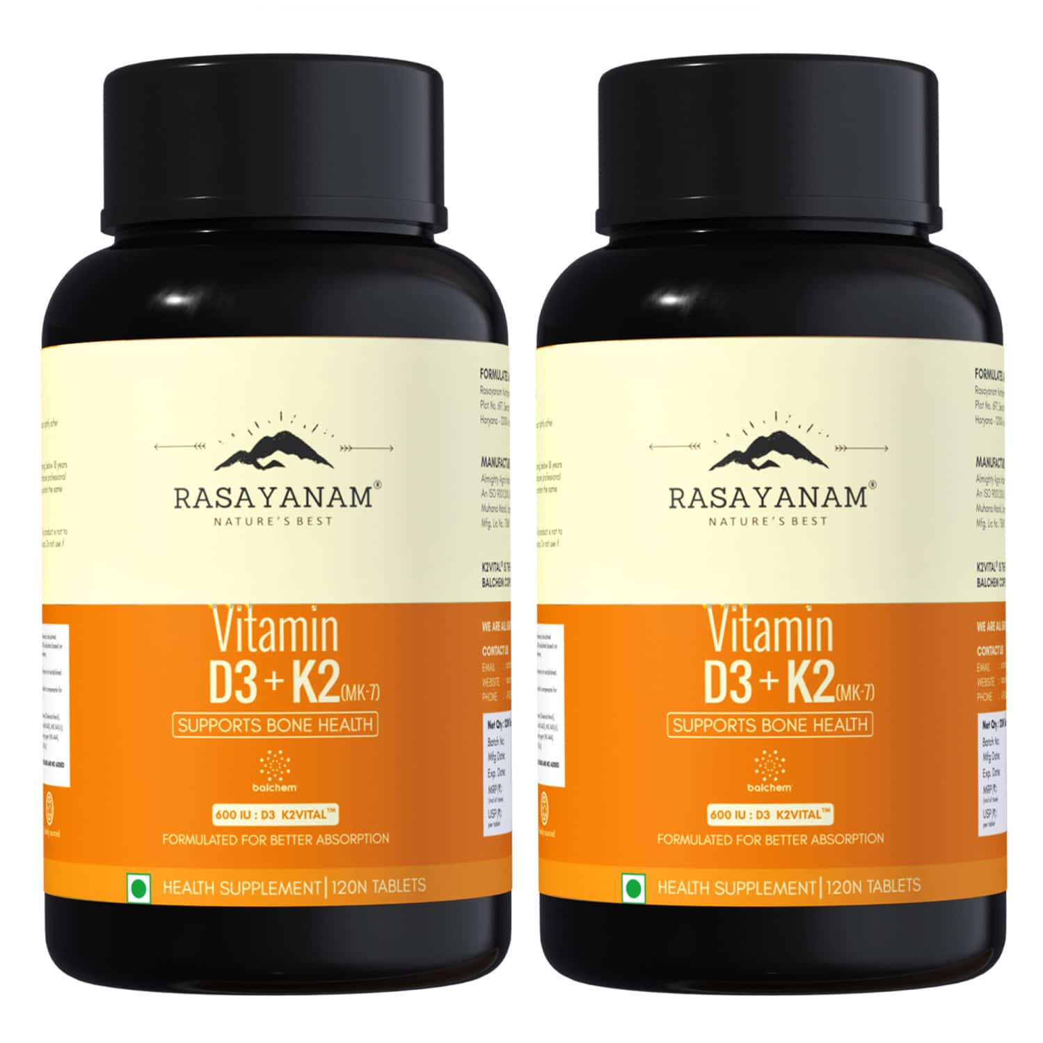 Rasayanam D3+k2 Mk-7 Vegan | Balchem K2 | Calcium | Bone & Heart Support | 120 Tablets (pack Of 2)