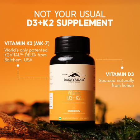 Rasayanam D3+K2 Mk-7 Vegan | Balchem K2 | Calcium | Bone & Heart Support | 120 Tablets (Pack Of 2)