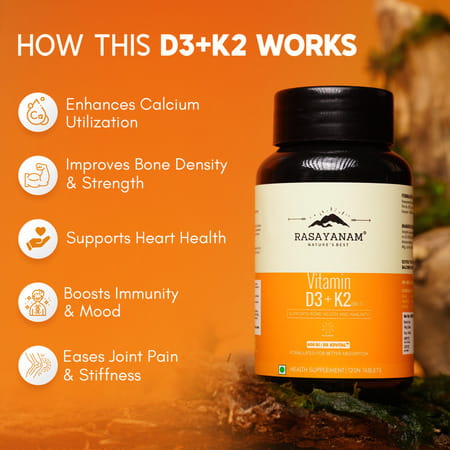 Rasayanam D3+K2 Mk-7 Vegan | Balchem K2 | Calcium | Bone & Heart Support | 120 Tablets (Pack Of 2)