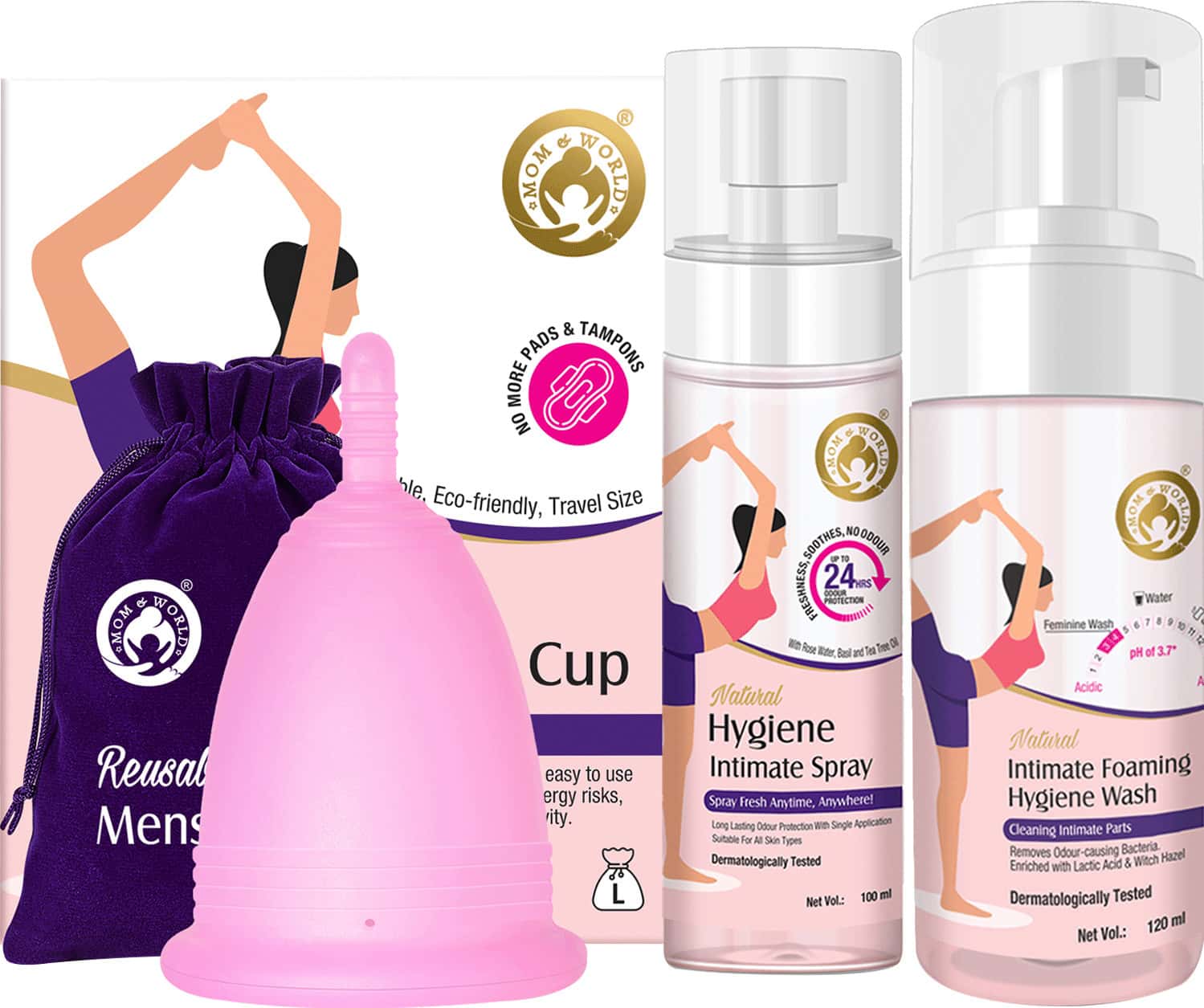 Mom & World Reusable Menstrual Cup (Large) + Hygiene Intimate Spray 100 Ml +Intimate Foaming 120 Ml