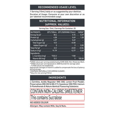 Muscleblaze Liquid L - Carnitine 1100Mg (Key Lime | 300Ml | 20 Servings) | Converts Fat Into Energy