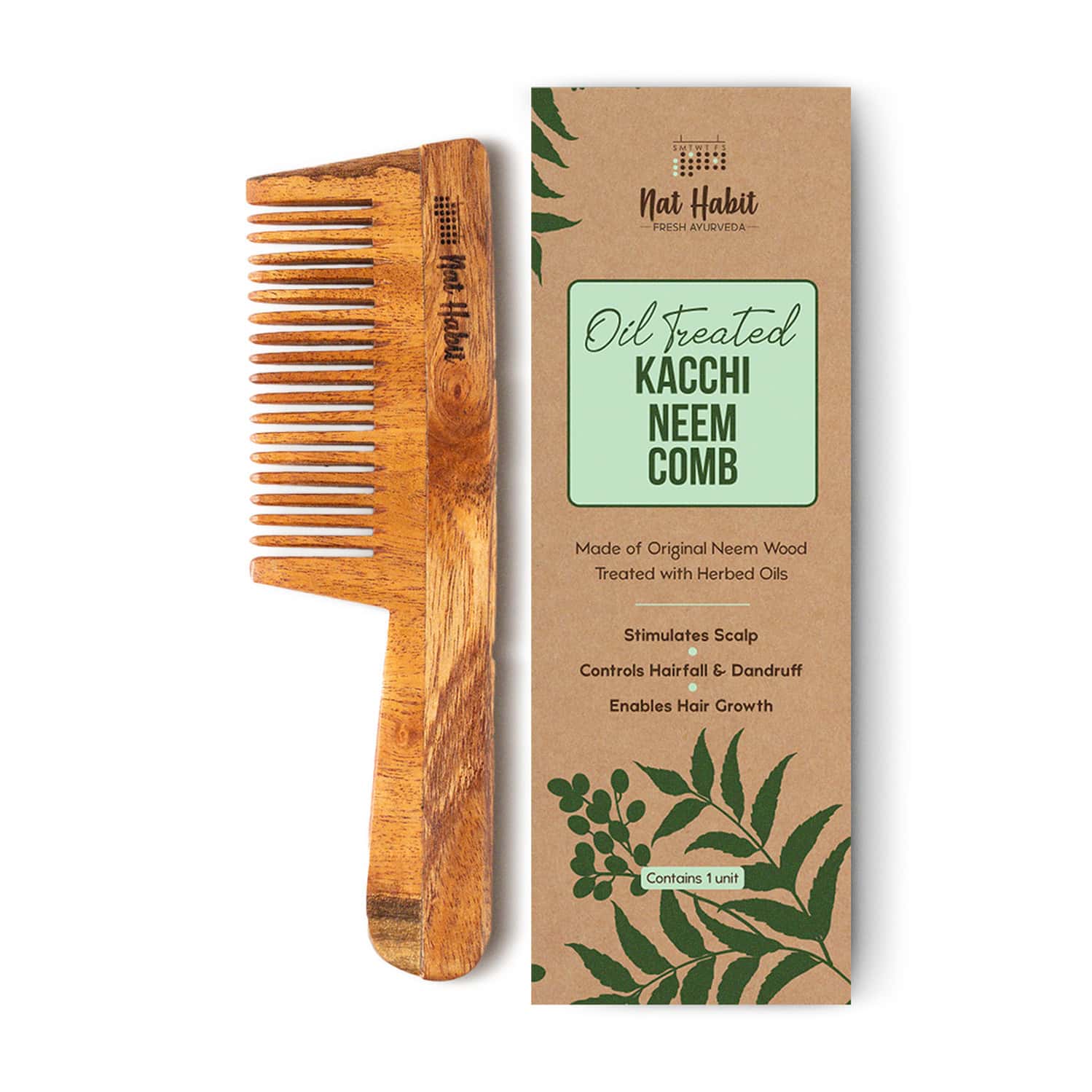 Nat Habit Kacchi Neem Comb | Wooden Comb For Hair Growth (fine Tooth)