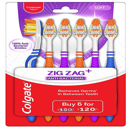 Colgate Zigzag Anti-Bacterial Manual Toothbrush For Adults - Soft (Multicolor | Pack Of 6)