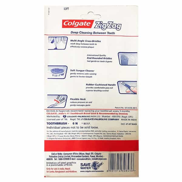 Colgate Zigzag Anti-Bacterial Manual Toothbrush For Adults - Soft (Multicolor | Pack Of 6)