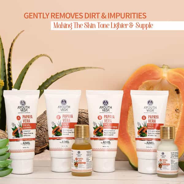 Ayouthveda Papaya Vera Facial Kit With Papaya & Aloe Vera To Brighten Skin & Improve Texture 230 Gm