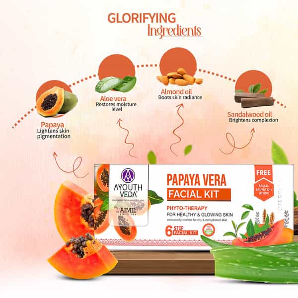 Ayouthveda Papaya Vera Facial Kit With Papaya & Aloe Vera To Brighten Skin & Improve Texture 230 Gm