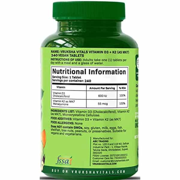 Vruksha Vitals Vit D3 & K2 100% Rda 200 Tablets- Plant Based Vitamin Capsules Supplement