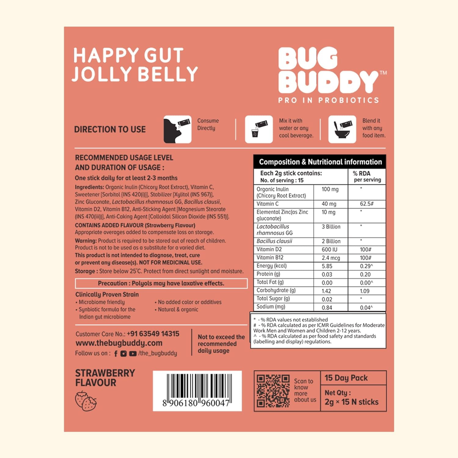 Bug Buddy Happy Gut Jolly Belly | Daily Gut Health Immunity Supplement For Kids | 15 Days Pack