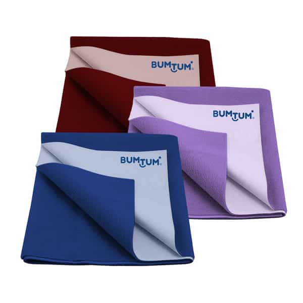 Bumtum Dry Sheet Leakproof Baby Bed Protector (Maroon+Lilac+Blue Medium Size 100*70Cm|Pack Of 3)