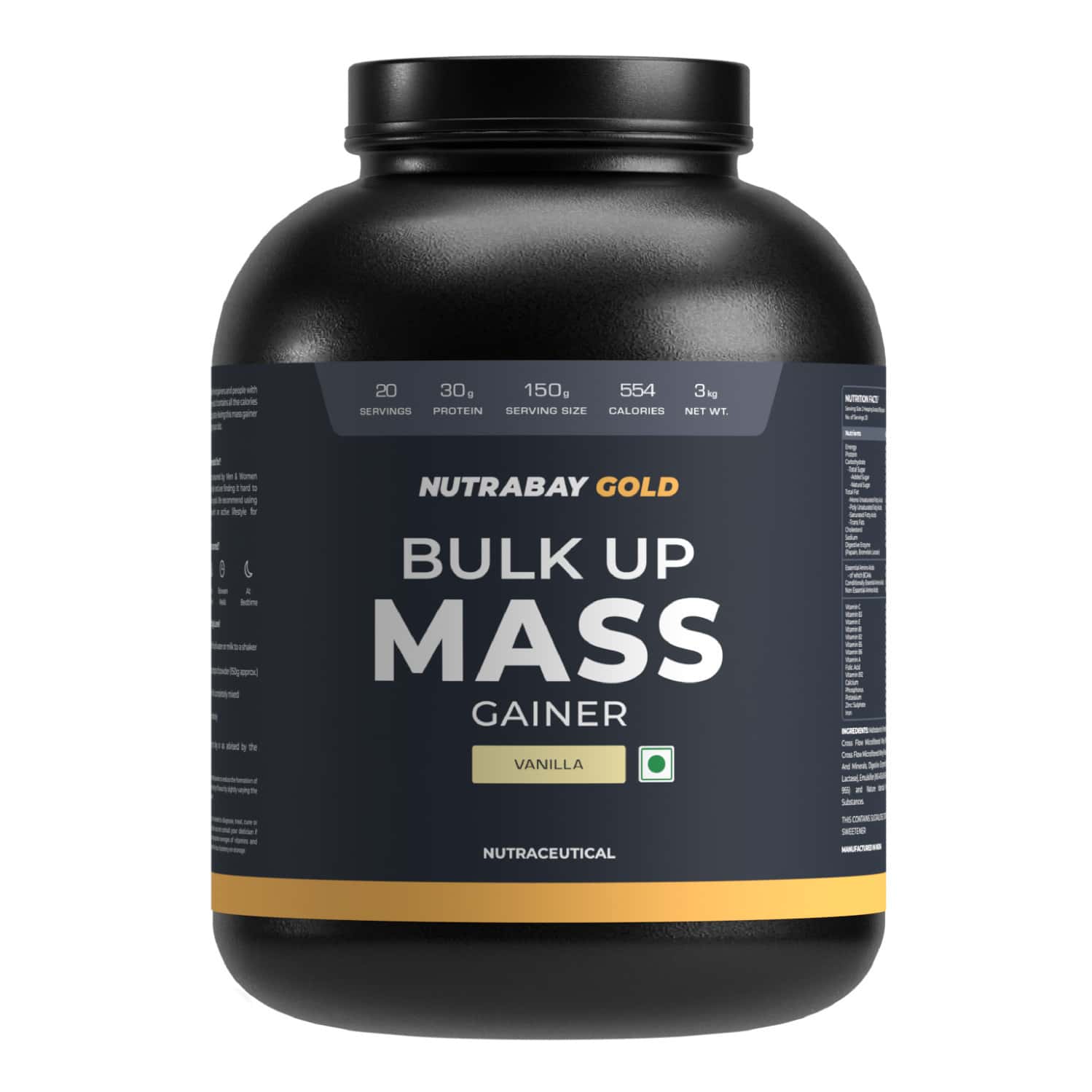 Nutrabay Gold Bulk Up Mass Gainer | Carbs To Protein Blend (3:1) | 30g Protein - 3kg | Vanilla