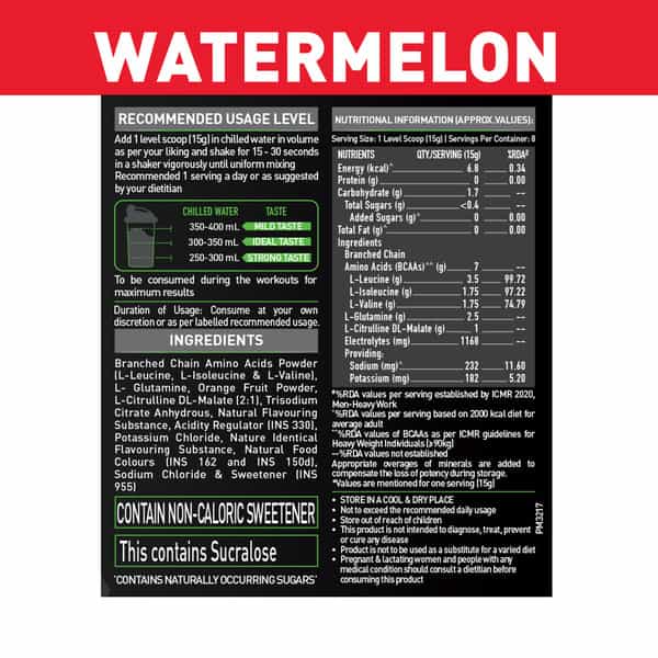 Muscleblaze Bcaa Pro Powder | Powerful Intra Workout (Watermelon & Fruit Splash | 250G | 16 Serving)