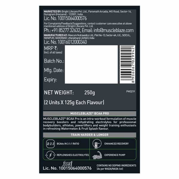 Muscleblaze Bcaa Pro Powder | Powerful Intra Workout (Watermelon & Fruit Splash | 250G | 16 Serving)