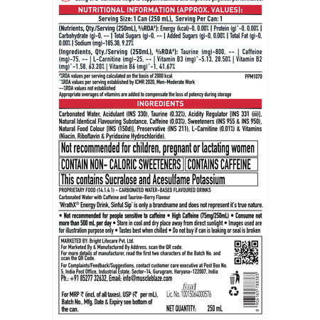 Muscleblaze Wrathx Energy Drink (Mixed Berry| Pack Of 6 (250ml) | Performance & Focus Booster
