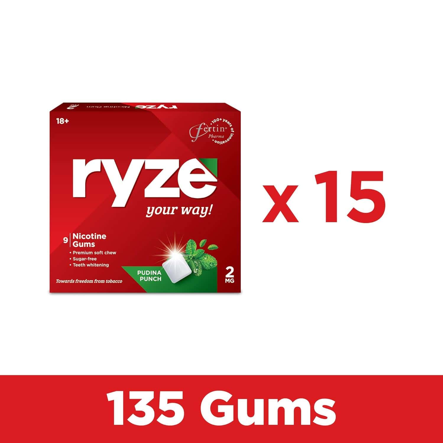 Ryze Nicotine Gum 2mg | Pudina Punch | 2mg | Helps Quit Smoking & Tobacco | 9 Count | Pack Of 15