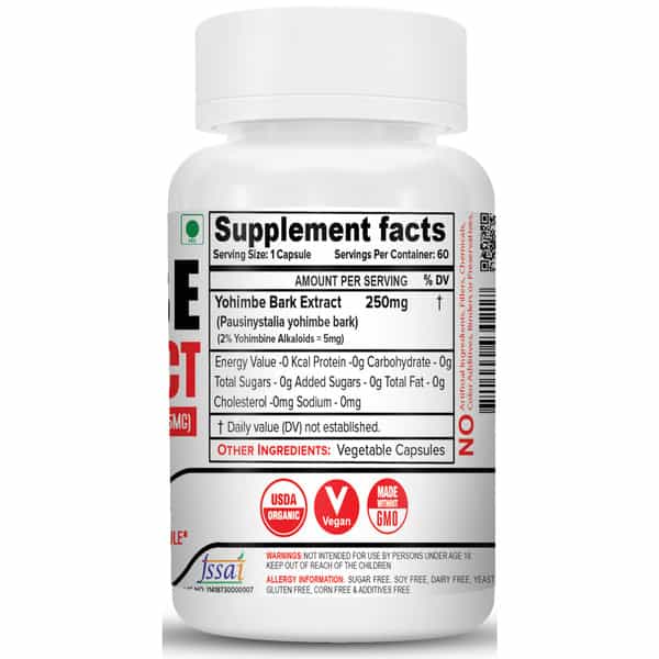 Nutrija Yohimbe Bark Extract Capsule, Natural Yohimbine (Standardized To 2% Yohimbine Alkaloids) 60N