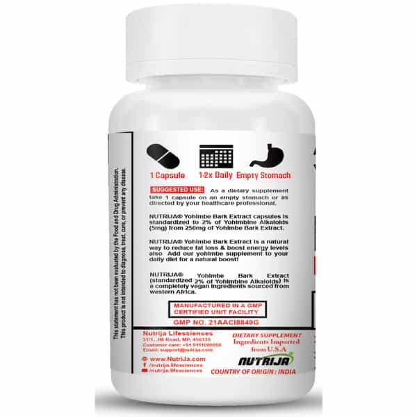 Nutrija Yohimbe Bark Extract Capsule, Natural Yohimbine (Standardized To 2% Yohimbine Alkaloids) 60N