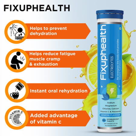 Fixuphealth Electrolyte Tablets With Vit C& Natural Amla 1000mg Vitamin C Zinc Effervescent Tablets