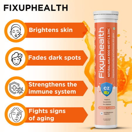 Fixuphealth Electrolyte Tablets With Vit C& Natural Amla 1000mg Vitamin C Zinc Effervescent Tablets