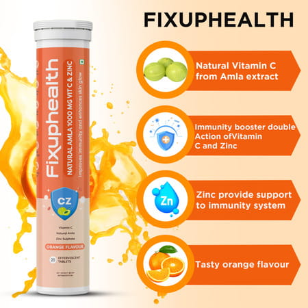 Fixuphealth Electrolyte Tablets With Vit C& Natural Amla 1000mg Vitamin C Zinc Effervescent Tablets