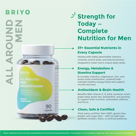 Briyo All Around Men Daily Multivitamin For Men - 37 Plus Nutrients In One Capsule - 90 Capsules