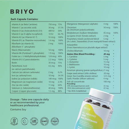 Briyo All Around Men Daily Multivitamin For Men - 37 Plus Nutrients In One Capsule - 90 Capsules