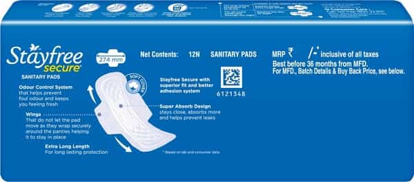 Stayfree Sanitary Pads - Secure Xl Cottony With Wings - 12 Pads