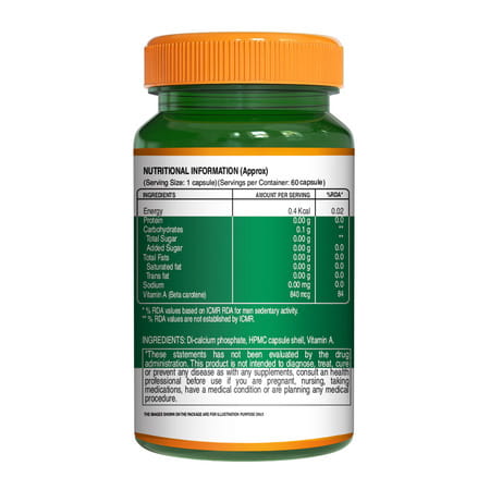 Pure Nutrition Plant-Based Vitamin A Supplement For Healthy Eye Sight - 60 Veg Capsules