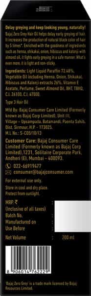 Bajaj Zero Grey Hair Oil Enriched With Onion Helps Fight Greying Of Hair Naturally 200Ml