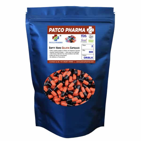Patco Pharma|Size 2 Black-Orange Empty Gelatin Pill Capsule|Diy Powder Filling (Pack Of 500 Pcs)