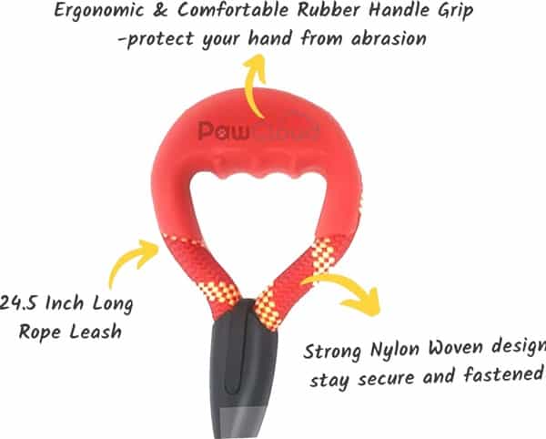 Pawcloud Dog Rope Leash | Short Leash With Comfortable Rubber Grip | For Large Dogs | Red