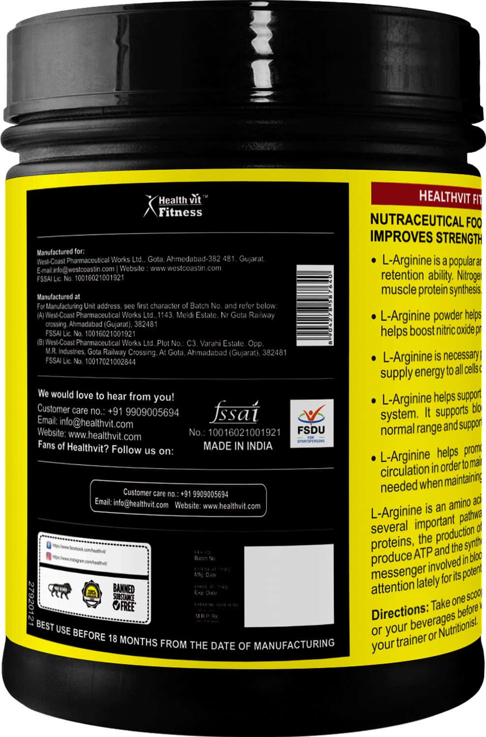 Buy HEALTHVIT LARGININE 3900 MG MUSCLE BUILDING AMINO ACID PRE WORKOUT