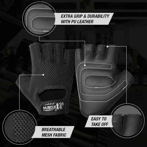 Musclexp Gear-Up Fitness Gym Gloves Heavy Duty Velcro Wrist Closure Non-Odor Material (Black)1 Pair